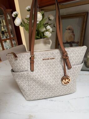 Michael Kors Cream Monogram Tote with Tan Leather Straps